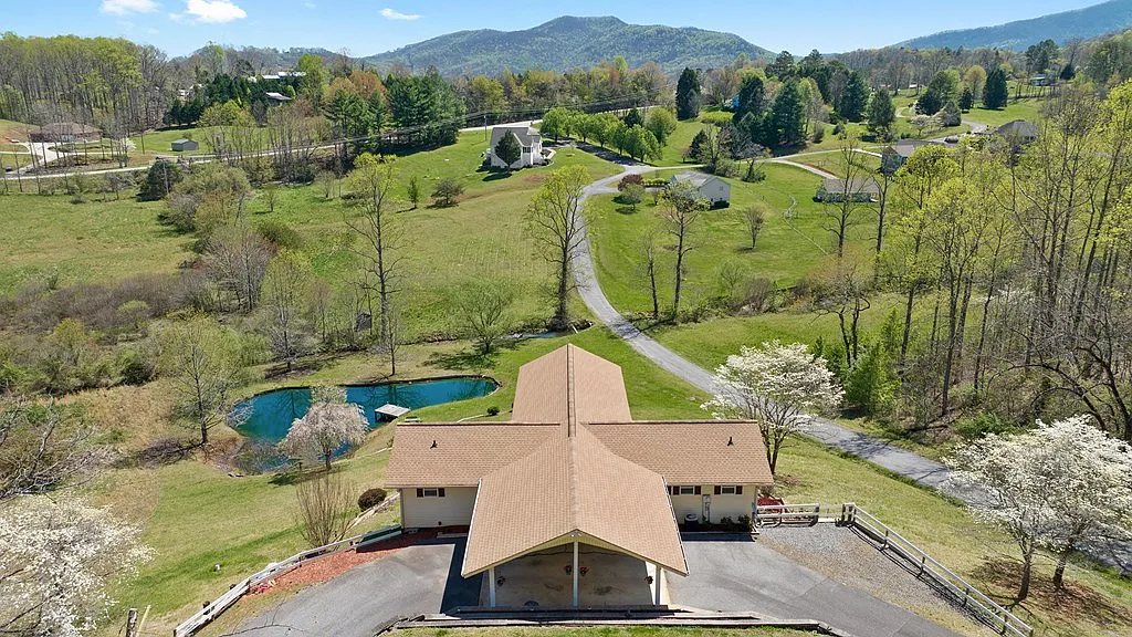Aerial view of pasture and foothills in the North Georgia mountains