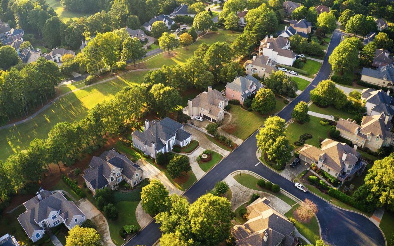 Aerial view of a wooded North Atlanta neighborhood